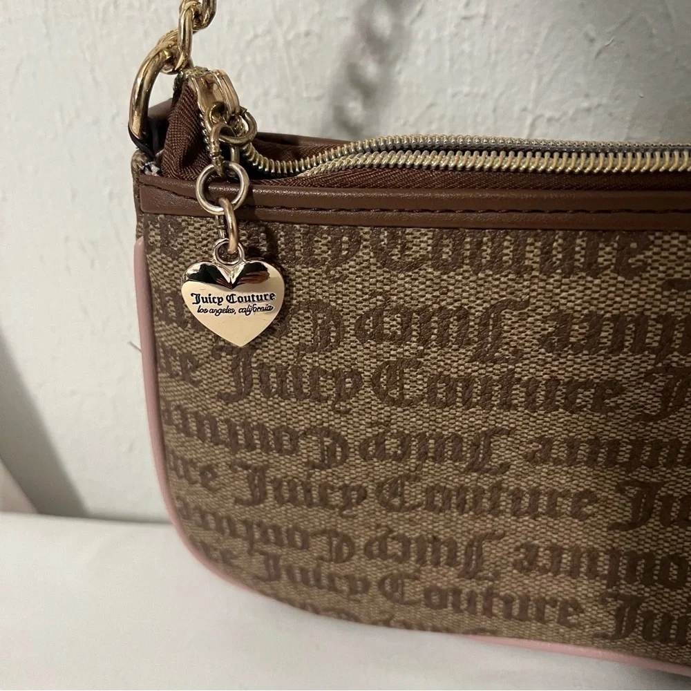 Juicy Couture Women Shoulder Bag Purse Chestnut/Pink Gold Dangle All Over Print